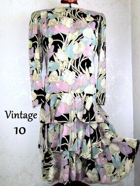 VINTAGE DRESS, 10, DROP WAIST RUFFLE SKIRT LONG SLEEVE, RAYON, 1980s, EUC